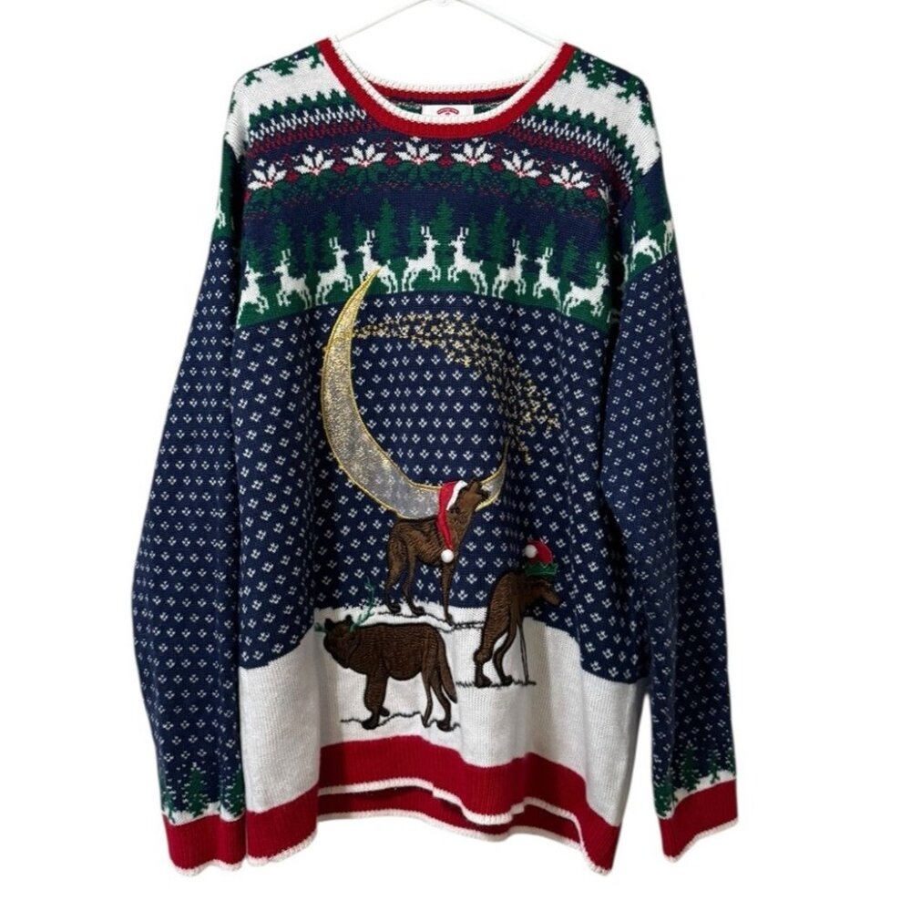 Holiday Time Ugly Christmas Sweater Wolf Knit Holiday Party Office Fantasy‎ 2x